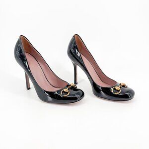 Gucci Square Toe Horsebit Pumps Size 39.5 US 9.5 Black Patent Leather High Heels
